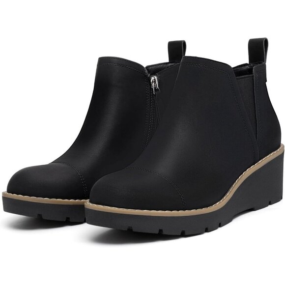 Women's Black Wedge Chelsea Boots Lug Sole Platform Ankle Booties Zipper - Picture 4 of 6